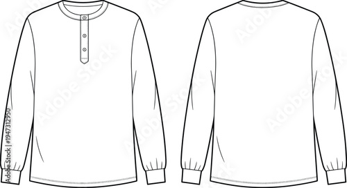 men's, long, sleeve, henley, shirt, front, back, view, elastic, cuff, apparel, template, technical, drawing, clothing, fashion, cad, vector, outline, illustration