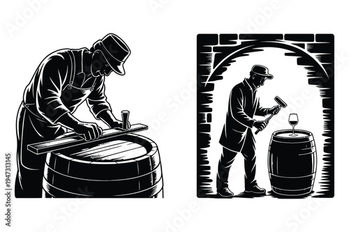 Coopers at work: barrel making and crafting illustrations