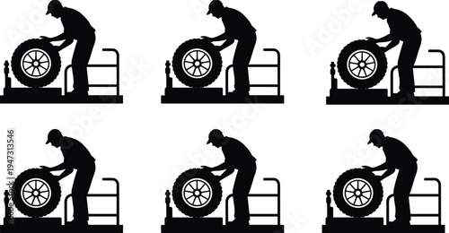 tire, service, mechanic, changing, wheel, car, maintenance, repair, worker, silhouette, garage, automotive, workshop, vector, icon, set, equipment, black, illustration, design