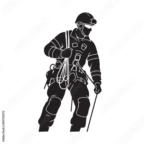 Rock Climber Wearing Safety Gear And Holding Rope On White Background For Adventure Concepts