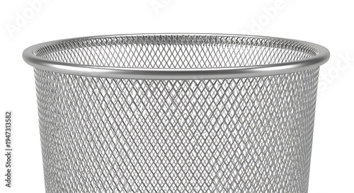 An empty black metal mesh trash can and wastebasket container isolated on a white background for office garbage, paper waste, and recycling