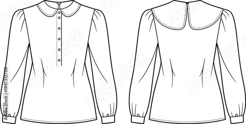 women's, blouse, long, sleeve, peter, pan, collar, front, back, view, fashion, apparel, template, technical, drawing, clothing, cad, vector, outline, illustration