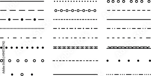 Decorative divider lines set with dotted dashed solid circle and geometric patterns minimal horizontal border separators for design layout isolated on transparent background