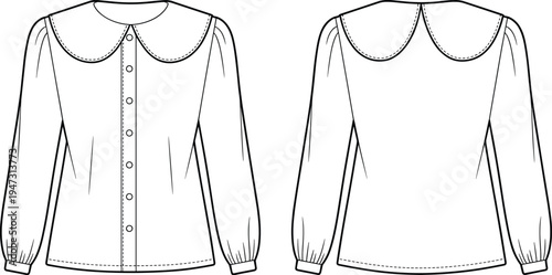 women's, blouse, long, sleeve, peter, pan, collar, button, front, back, view, fashion, apparel, template, technical, drawing, clothing, cad, vector, illustration