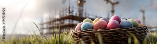 Easter basket with colorful eggs on spring grass at a bridge construction site, scaffolding behind, warm morning sunlight, bright seasonal industrial scene.