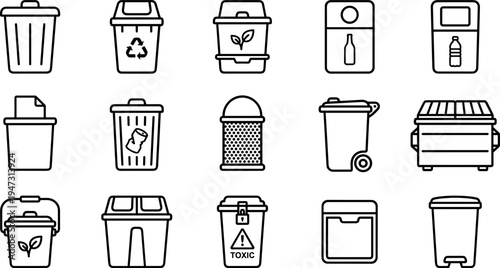 Waste management and recycling bin icons set with trash cans garbage containers plastic bottle recycling toxic waste and disposal bins outline illustration on transparent background