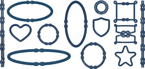 Nautical rope frame set with oval round heart star shield and rectangle borders marine knot decorative elements vintage sailor style illustration on transparent background