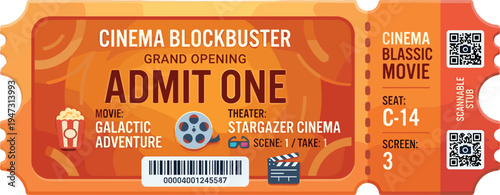 Colorful cinema ticket illustration with admit one text popcorn film reel clapperboard barcode and QR code for movie theater admission entertainment event design