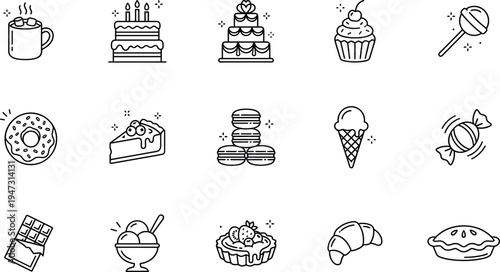 Dessert and sweets outline icons set with cake cupcake donut ice cream macarons lollipop chocolate croissant pie and candy line illustration collection