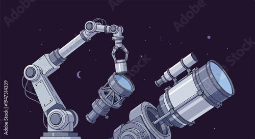 Advanced robotic arm assembling a powerful space telescope, illustrating cutting-edge technology in astronomy and cosmic exploration.
