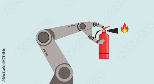 Robotic arm using a fire extinguisher to put out a small fire, illustrating automation in fire safety and emergency response technology.