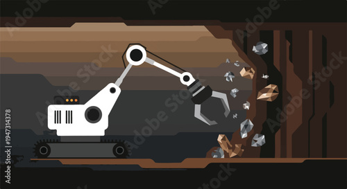 Industrial excavator machine digging and extracting minerals from a dark mine tunnel with rocks falling