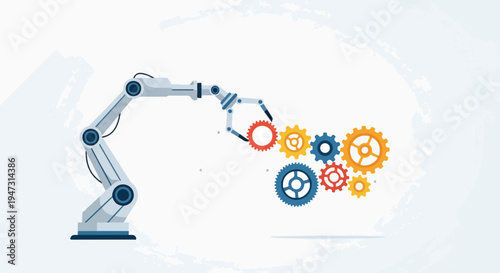 Robotic arm assembling colorful gears, symbolizing automation, industry, and technological advancement