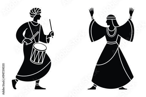 Musician playing drum and dancer celebrating with hands up