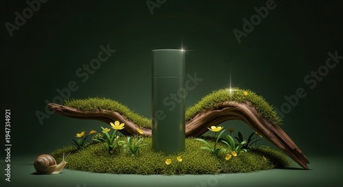 Green cylindrical container on moss with snail and flowers in nature  