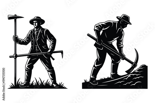 Miners with tools, historical illustration, black and white