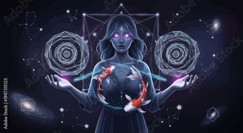 Mystical Woman with Koi Fish and Celestial Geometry