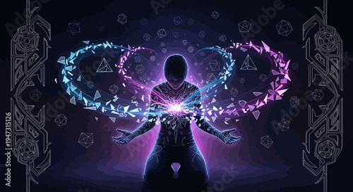 Person Surrounded by Digital Energy and Geometric Shapes, Abstract Cosmic Energy