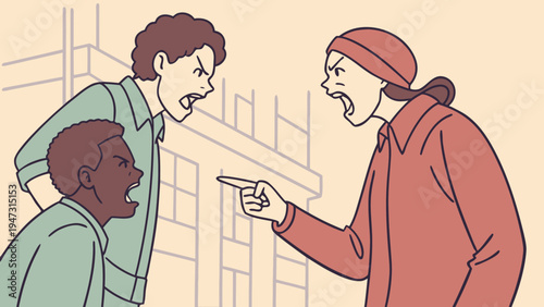 A cartoon illustration of a tense confrontation between a woman and a man with a child.
