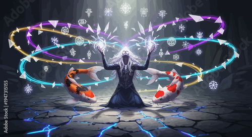 Mystical Sorceress Conjures Energy with Koi Fish and Glowing Runes