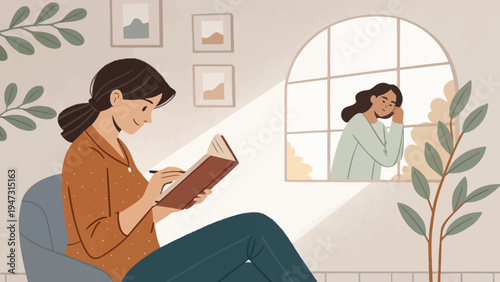 A woman sits in a chair, writing in a journal with a thoughtful expression, while gazing out the window at her reflection.