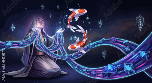 Mystical Wizard Conjuring Koi Fish and Energy Flow
