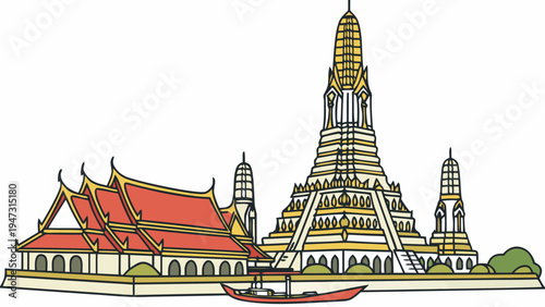A colorful illustration of a traditional Thai temple with a tall spire and a boat in front