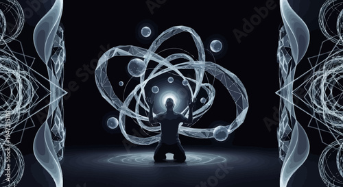 Man Summoning Cosmic Energy and Abstract Molecular Structure