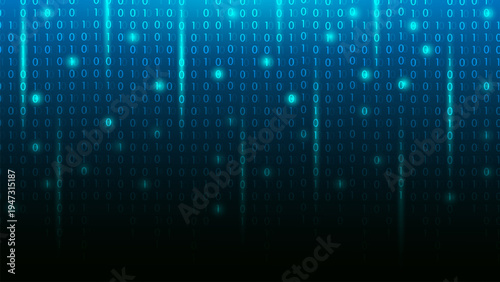 Binary code matrix on blue cyber background. technology concept with computer numbers in digital network pattern for futuristic programming visualization. vector illustration