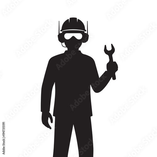 Black silhouette of a worker holding a wrench on white background for industrial concepts