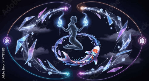 Mystical Woman and Koi Fish with Crystal Energy