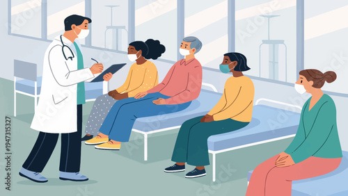 A doctor in a white coat talks to patients in a waiting room with benches and large windows