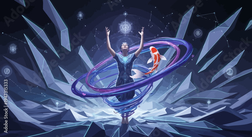Woman Ascending with Koi Fish in Cosmic Vortex, Surreal Digital Art