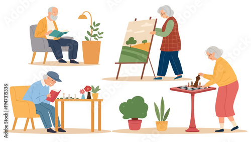 Elderly people engaging in various leisure activities at home with plants around them
