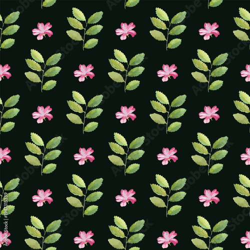 Elegant botanical pattern featuring pink flowers and green leaves on a dark background.