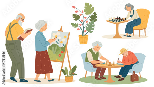 Elderly people engaging in various leisure activities together