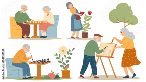 A group of senior citizens engaging in various leisure activities together in a peaceful setting