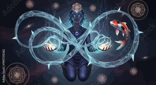 Mystical Woman with Infinity Symbol and Koi Fish, Cosmic Energy