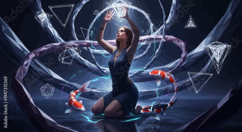 Woman practicing magic with koi fish and geometric symbols