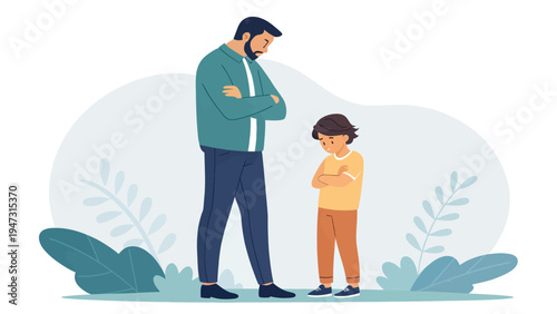 An illustration of a man and a boy standing with their arms crossed in a natural setting