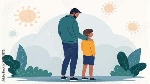 A cartoon illustration of a man and a boy standing together in a serene outdoor setting with clouds and viruses in the background.