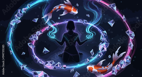 Mystical Zen Meditation with Koi Fish and Crystal Swirl