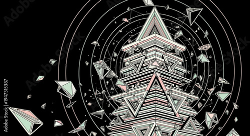 Abstract Geometric Structure Floating in Cosmic Space with Exploding Shards