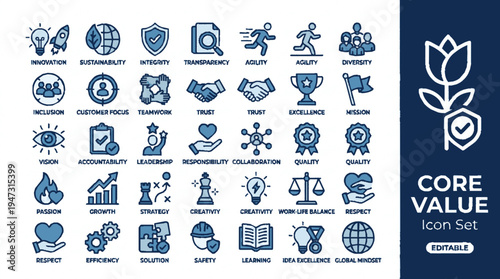 Blue and white corporate value icons arranged in a grid with symbols for trust growth and leadership on a clean poster