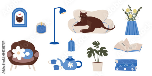 Cozy home interior elements vector set with a brown cat, armchair, books, plants, candles and teapot on cute blue colors. Isolated objects.