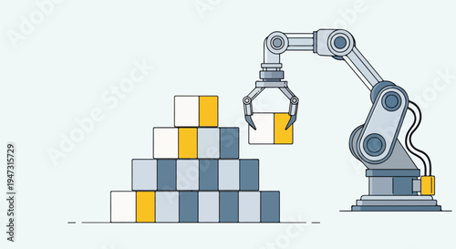 Industrial robotic arm assembling a stack of colorful blocks, representing automated production, smart factory technology, and efficient manufacturing processes.