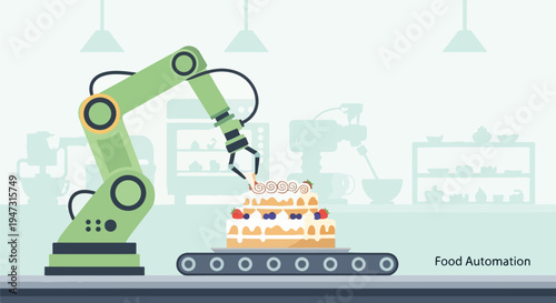 Robotic arm decorating a cake on a conveyor belt in a modern food automation factory, showcasing advanced technology for industrial bakery.