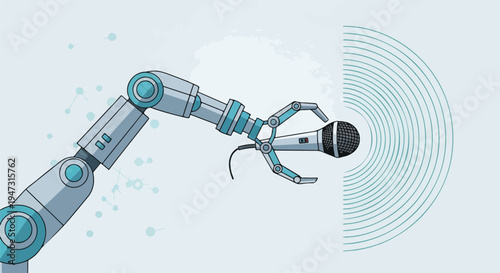 Futuristic robotic arm holding a microphone with sound waves, illustrating advanced AI voice recognition, automated audio production, and digital communication.