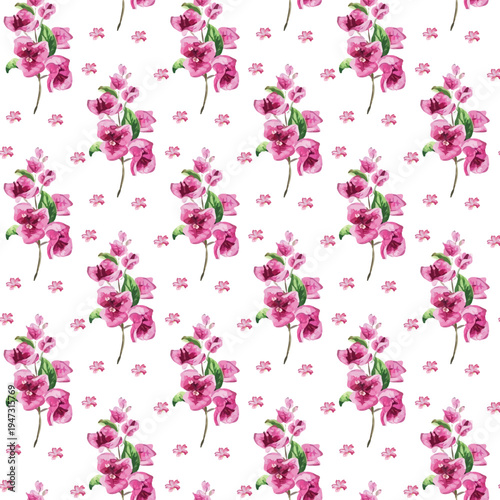 Elegant floral pattern featuring vibrant pink orchids and delicate blossoms on a bright white background.