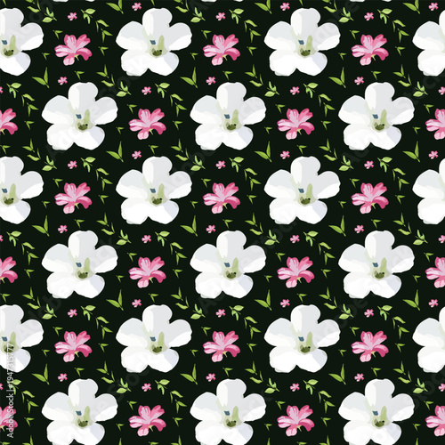 Elegant floral pattern featuring white orchids and pink flowers on a dark background.